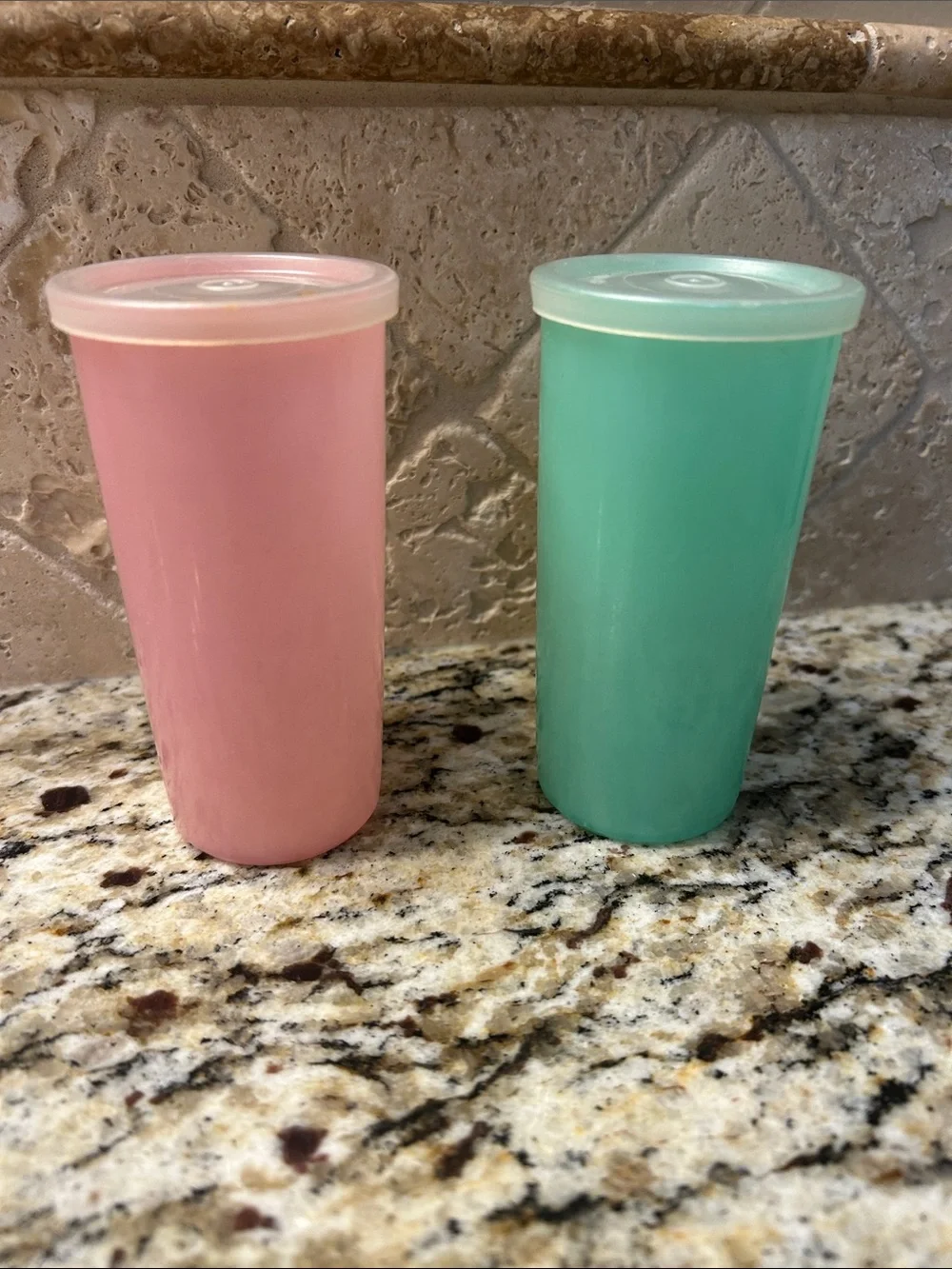 Vintage Tupperware Pink and Teal Tall Storage Cups with Lids